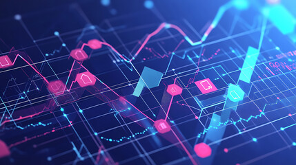 Digital financial chart with interactive data points and trend lines on a futuristic grid background