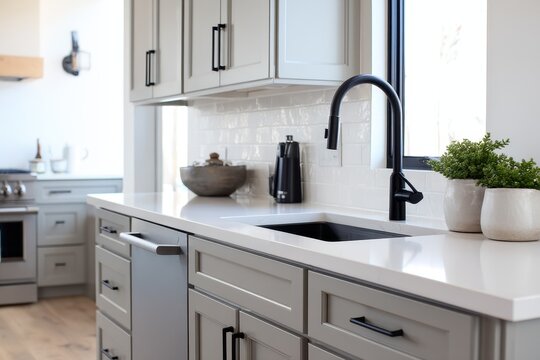 Modern kitchen countertop and cabinets in a light gray color scheme.