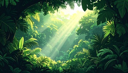 Obraz premium Lush green jungle scene with sunlight streaming through a canopy, illuminating the vibrant foliage.