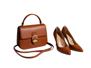 Brown leather handbag and pointed high heel shoes isolated on a transparent background purse