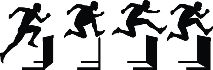 Silhouette sequence of athlete running and jumping over hurdle, sports action vector, track and field competition, fitness training concept illustration