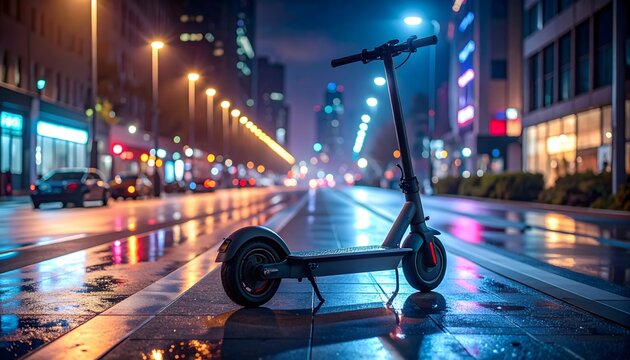 Electric scooter on a wet city street at night, with glowing neon lights reflecting on the rainy pavement creating a futuristic urban scene