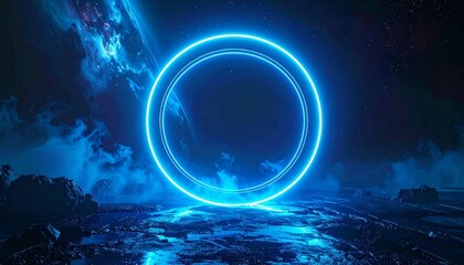 A luminous blue ring floats above a reflective surface, set against a cosmic backdrop.