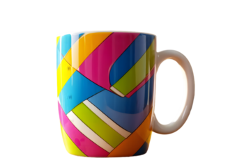 Colorful geometric patterned mug isolated on a transparent background ceramic handle