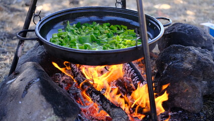 Cooking on wood fire in nature