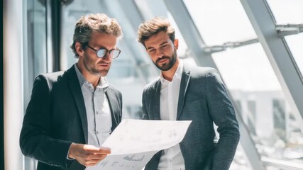 Business analysts review data analysis reports in a modern office setting - Powered by Adobe