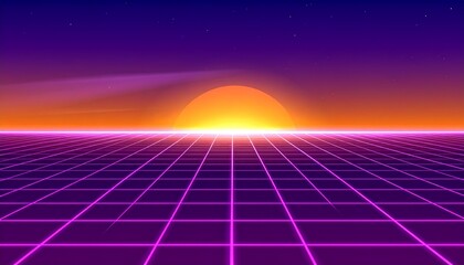 A retro-futuristic landscape featuring a glowing sun setting over a purple grid stretching into the horizon.