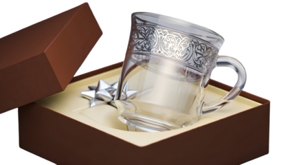 Clear glass mug with ornate silver band inside brown gift box isolated on a transparent background
