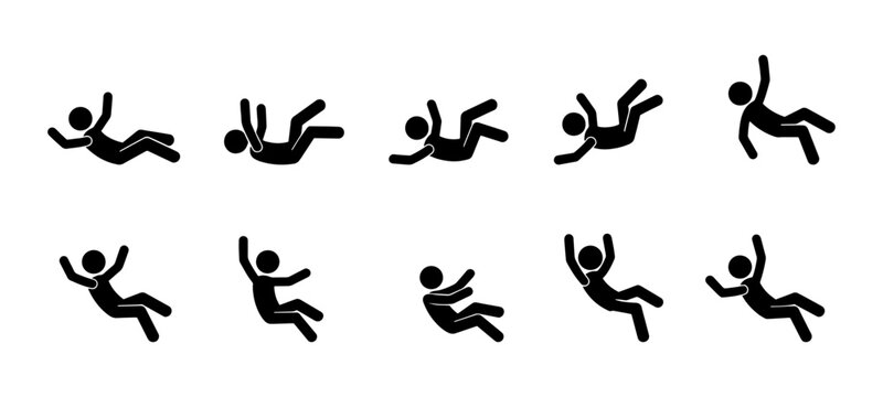 Set of 8 stickman falling poses vector icons. Human figure silhouette in various positions of accident, slip, trip, stumble, and free fall. Safety hazard pictogram for warning, danger, risk prevention