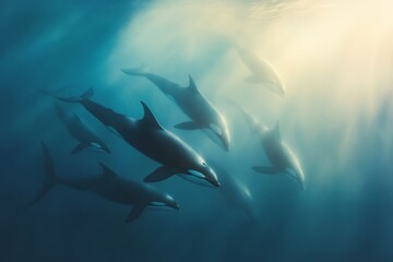 Fototapeta premium Majestic orcas in underwater hunt amidst sunlit ocean depths