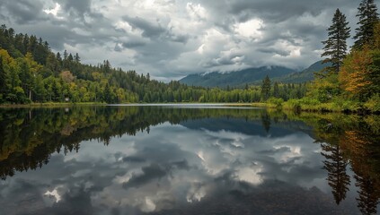 Fototapeta premium Serene landscape featuring a calm lake reflecting dark clouds and lush trees under an overcast sky