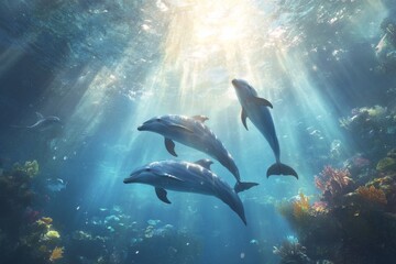 Obraz premium Serene underwater life with dolphins and coral reefs in sunlit ocean scene