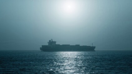 A cargo ship silhouette on tranquil waters under a foggy atmosphere at sunset, reflecting light