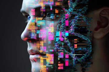 Futuristic conceptual collage of human and robot face fusion for technology design