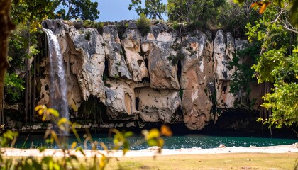 Waterfall cascading over a rocky cliff face