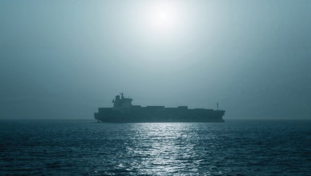 A cargo ship silhouette on tranquil waters under a foggy atmosphere at sunset, reflecting light