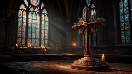 Beautiful cross illuminated by sunlight in an old church with stained glass windows during the morning - Powered by Adobe