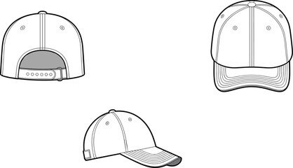 Baseball cap mockup, front back side view, vector hat illustration, snapback design template, fashion accessory, blank cap clipart