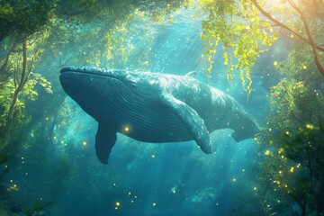 Fototapeta premium Surreal scene of majestic whale swimming amidst sunlit ocean forest