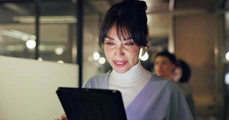 Happy, employee and woman with tablet in office, working late and journalist with deadline or...