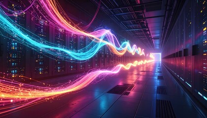 Futuristic server room with glowing light trails