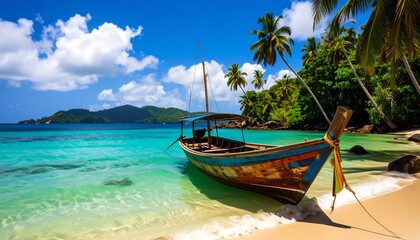 Tropical beach scene with traditional boat