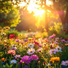 Obraz premium Colorful flower field bathed in golden sunset light
