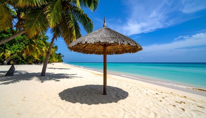 Tropical beach scene with thatched umbrella