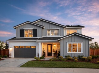 Two Story Gray House with White Trim at Dusk