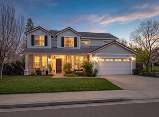 Two Story House Exterior at Dusk