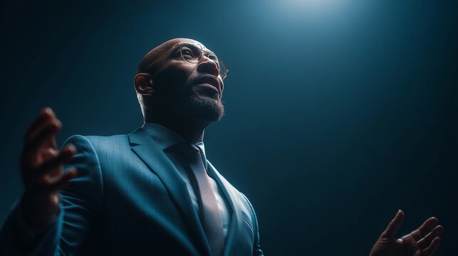 Professional speaker gives speech,confident,against dark cinematic background,copy space,banner.