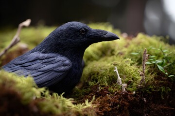 Obraz premium Spooky decorations featuring a crow nestled in moss Generative AI