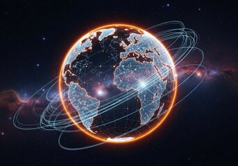 Obraz premium Illustration of digital globe with glowing connections and orbits, representing global network, data transfer, and international communication in space