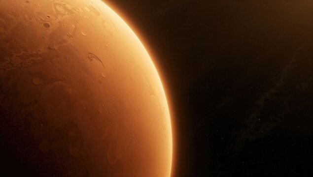 Close-up view of a textured orange planet in space, surrounded by small stars in a dark backdrop - Powered by Adobe