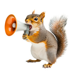 Fototapeta premium Squirrel holds megaphone,PNG,transparent background,clipart,concept of animal advertising
