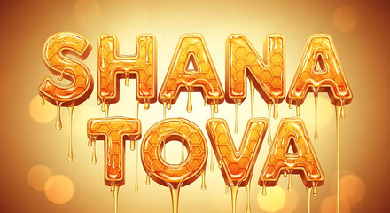 Shana Tova text rendered in dripping honey with honeycomb texture Jewish New Year lettering