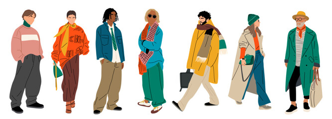  Set of stylish men and women in fashionable fall outfits, coats, jackets, sweaters, and scarves. Full length, walking and standing, Vector illustrations isolated on transparent background