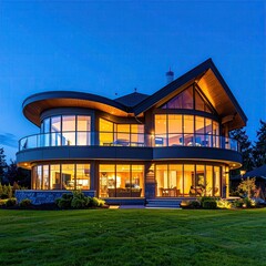 Fototapeta premium Modern waterfront home at twilight