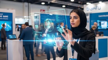 Middle Eastern woman interacts with futuristic transparent display at tech event - Powered by Adobe