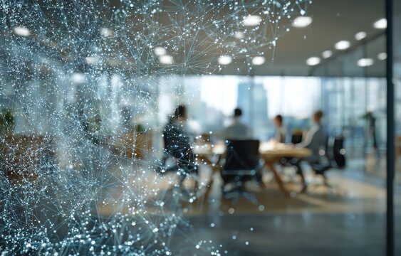Abstract network overlay of an office boardroom meeting. Blurred figures at table with city views in background. Light and airy