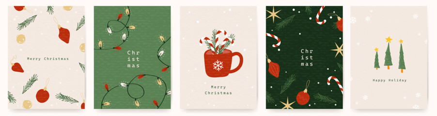 Merry Christmas and Happy New Year poster banner set with festive decorations, postcard layout, winter elements, and elegant holiday design for social media, greetings, and promotion.
