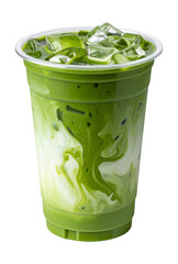 Matcha latte in a plastic take-out togo cup, iced latte with green tea, isolated PNG