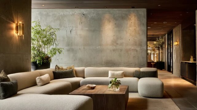 Lounge with boucle sectional, high concrete walls, brass lighting details, and layered neutral-toned textiles
