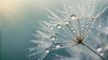 Dandelion Seed and Dewdrops: A close-up image highlights the delicate beauty of a dandelion seed head, adorned with sparkling dewdrops that glisten softly against a serene backdrop. 