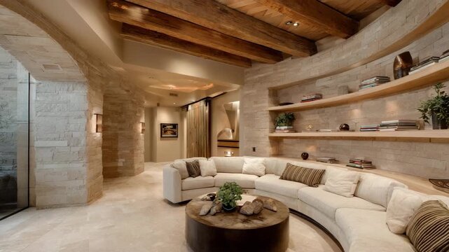 Lounge with custom curved wall shelves, open beam ceiling, and seamless travertine flooring