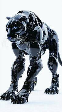 A robotic creature in the shape of a panther, standing on a white background..