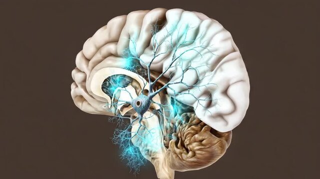 A brain with a blue and white color. The blue color is the brain's nerve. Medical illustration of Alzheimer&rsquo;s brain degeneration with cortical shrinkage and neuron loss, rotten clean educational