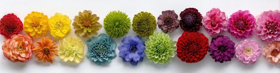 Vibrant Rainbow Row of Colorful Flowers on White Background