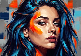 Photo of abstract oil painting of a beautiful woman with blue and orange hair, showcasing a unique and modern artistic style, perfect for contemporary art lovers