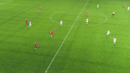 Soccer Football Championship Gameplay: Red and White Teams Players Play a Tournament Game. Sport...